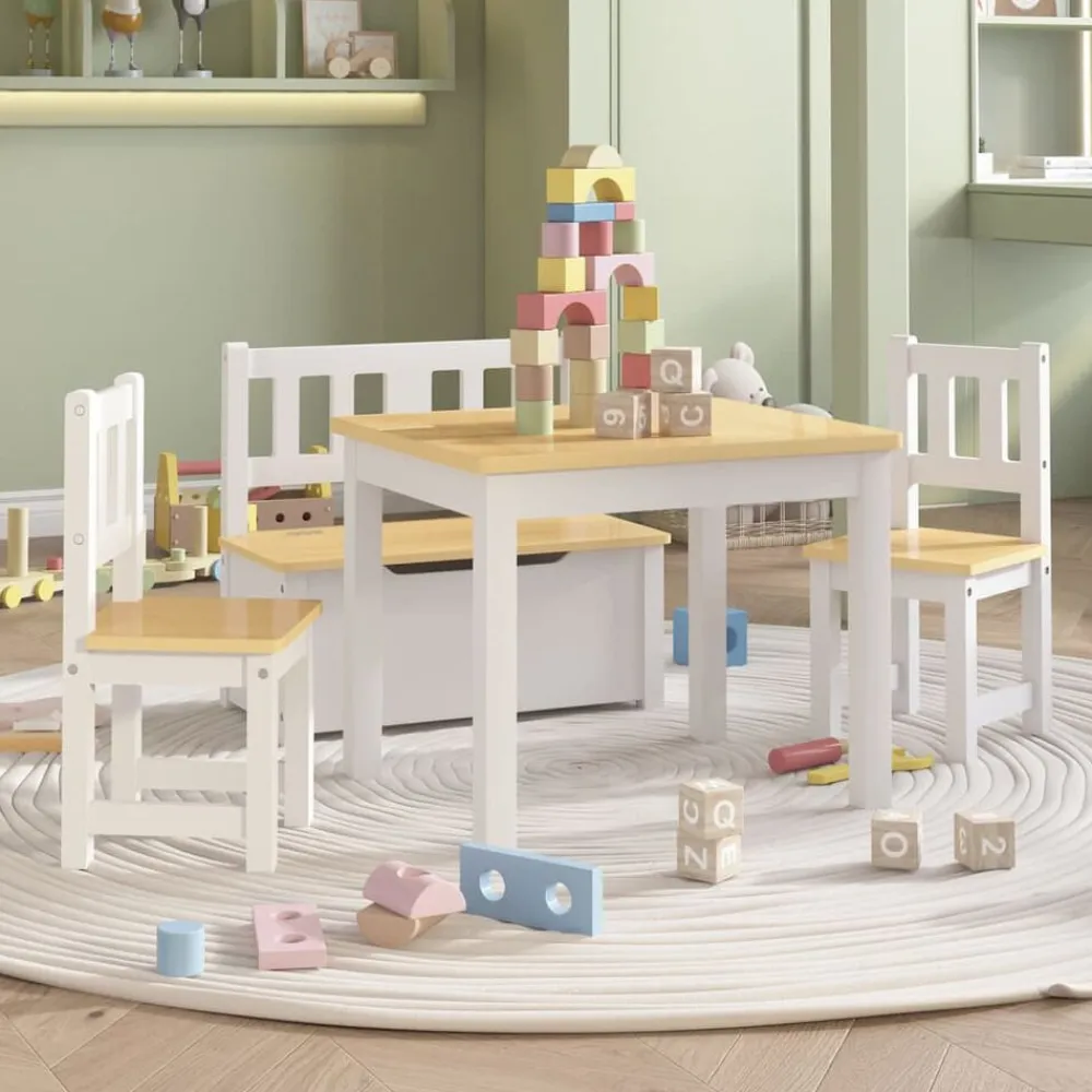 vidaXL Mesa y sillas infantiles 4 piezas MDF Blanco y beige