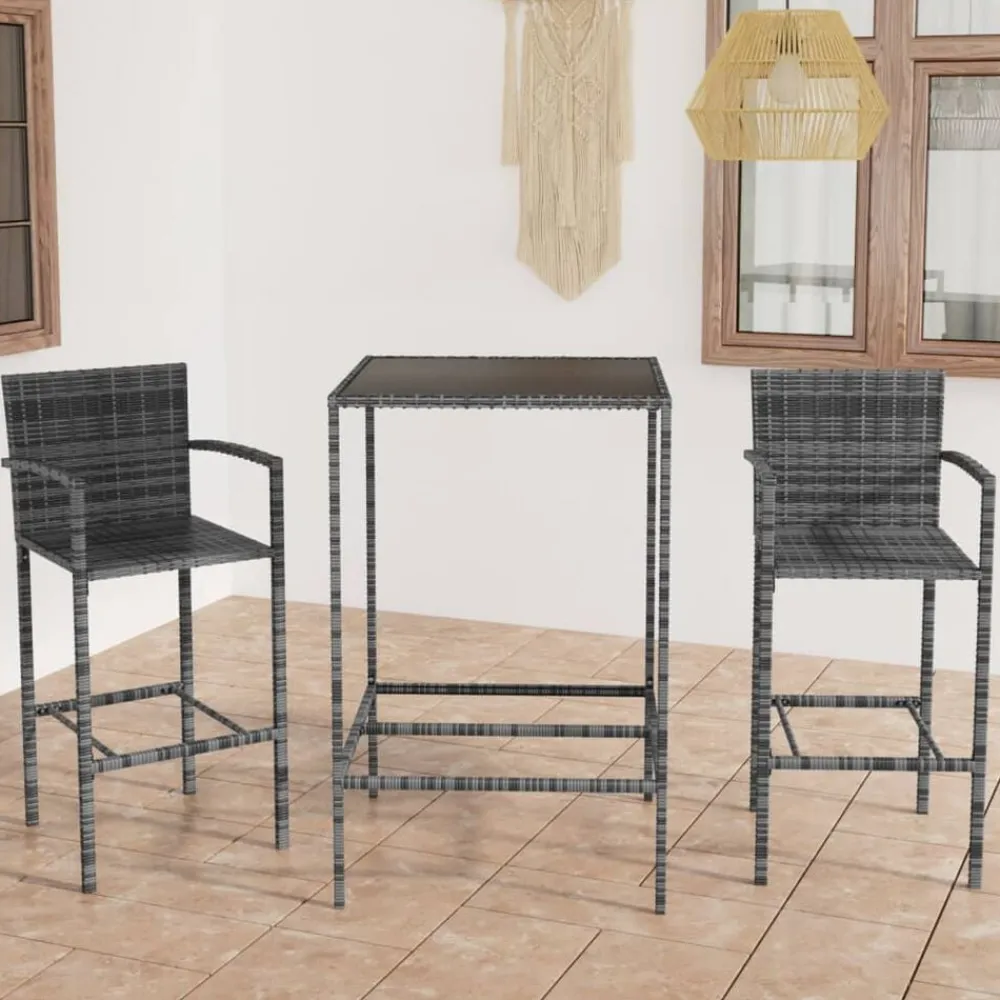 vidaXL Mesa y taburetes altos jardín 3 piezas ratán sintético Gris Online