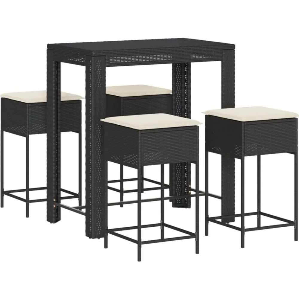 vidaXL Mesa y taburetes altos jardín 5 pzas y cojines ratán PE Negro Discount
