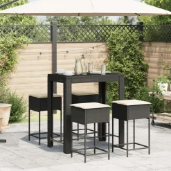 vidaXL Mesa y taburetes altos jardín 5 pzas y cojines ratán PE Negro Discount