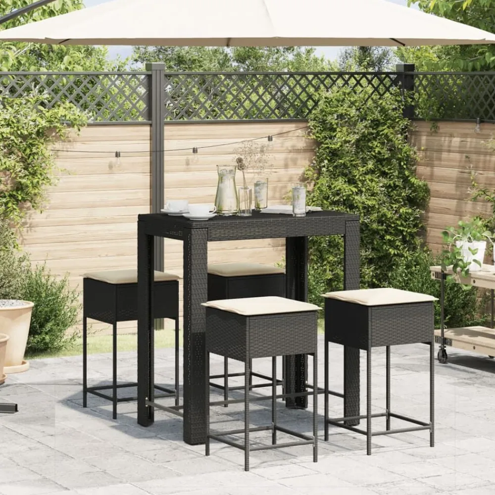 vidaXL Mesa y taburetes altos jardín 5 pzas y cojines ratán PE Negro Discount