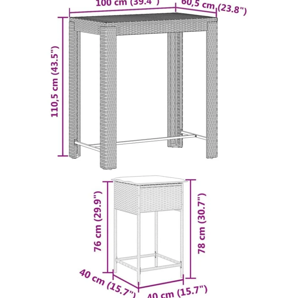 vidaXL Mesa y taburetes altos jardín 5 pzas y cojines ratán PE Negro Discount