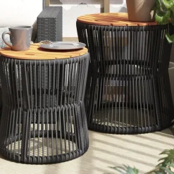 vidaXL Muebles De Jardín-Mesas auxiliares jardín 2 pzas superficie de madera ratán