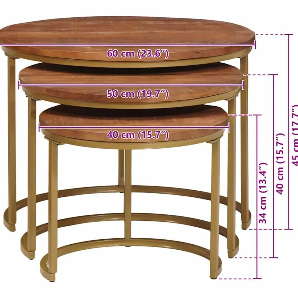 vidaXL Mesas-Mesas de Café Nido 3 pcs Madera maciza de mango y acero