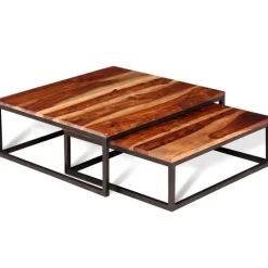 vidaXL Mesas de centro apilables 2 unidades madera maciza de acacia Marr&oacute;n y negro Discount
