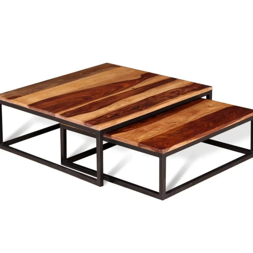 vidaXL Mesas de centro apilables 2 unidades madera maciza de acacia Marrón y negro Discount