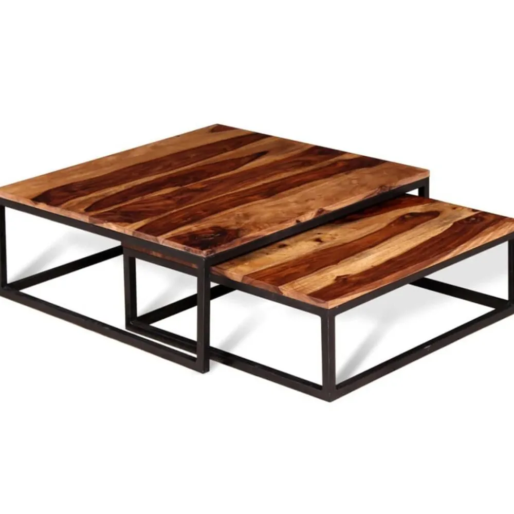 vidaXL Mesas de centro apilables 2 unidades madera maciza de acacia Marrón y negro Discount
