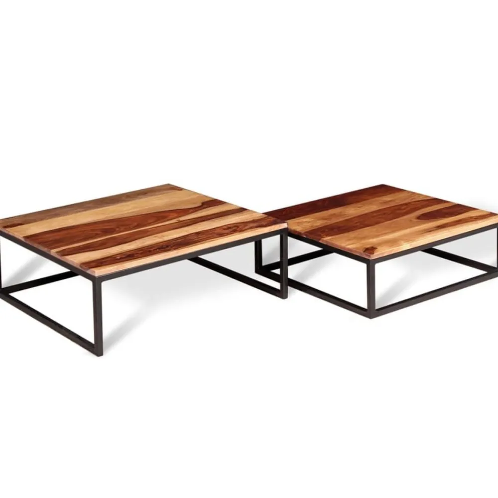 vidaXL Mesas de centro apilables 2 unidades madera maciza de acacia Marrón y negro Discount
