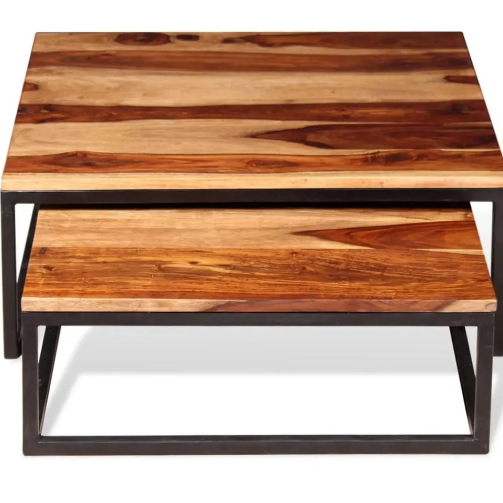 vidaXL Mesas de centro apilables 2 unidades madera maciza de acacia Marrón y negro Discount