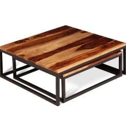 vidaXL Mesas de centro apilables 2 unidades madera maciza de acacia Marrón y negro Discount