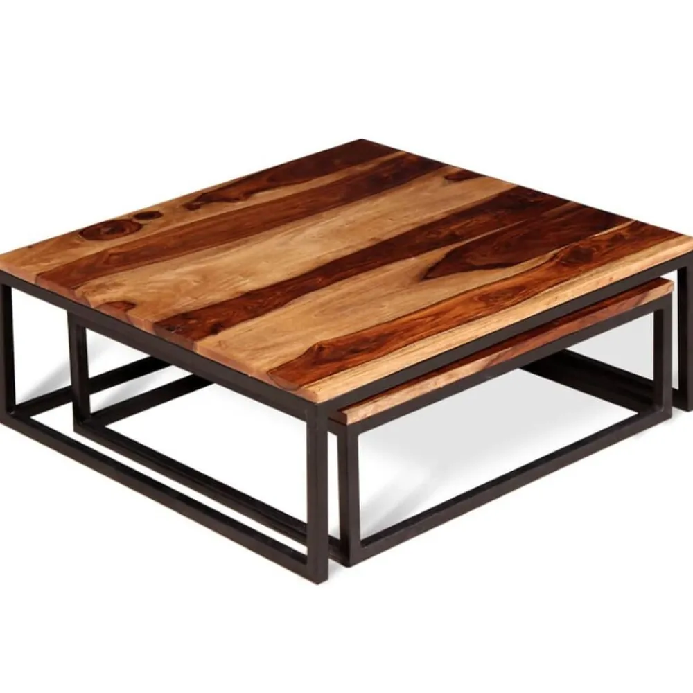 vidaXL Mesas de centro apilables 2 unidades madera maciza de acacia Marrón y negro Discount