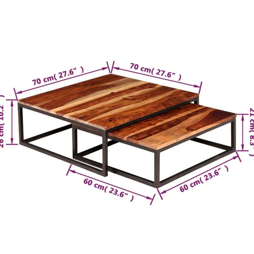 vidaXL Mesas de centro apilables 2 unidades madera maciza de acacia Marrón y negro Discount