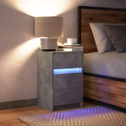 vidaXL Mesita de noche con luces LED madera ingeniería gris hormigón Gris hormig&oacute;n Hot