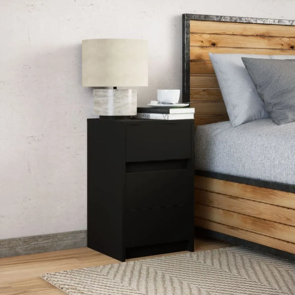 vidaXL Mesita de noche con luces LED madera de ingeniería negra Negro Online