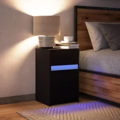 vidaXL Mesita de noche con luces LED madera de ingeniería negra Negro Online