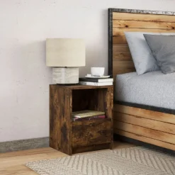 vidaXL Mesita de noche con luces LED madera ingeniería Roble ahumado Outlet
