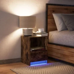 vidaXL Mesita de noche con luces LED madera ingeniería Roble ahumado Outlet