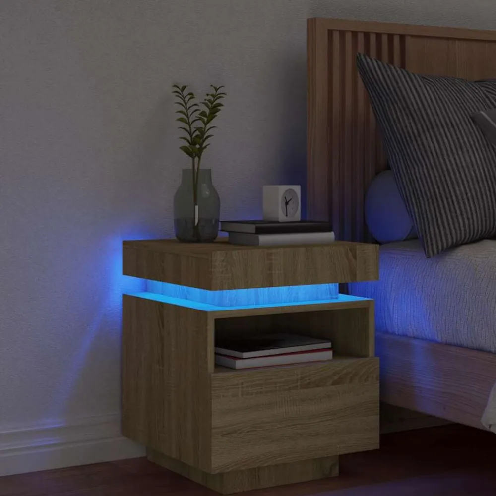 vidaXL Mesita de noche con luces LED 40x39x48,5 cm Roble Sonoma