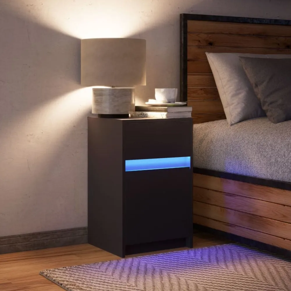 vidaXL Mesita de noche con luces LED madera de ingeniería negra Negro Hot