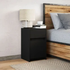 vidaXL Mesita de noche con luces LED madera de ingeniería negra Negro Hot