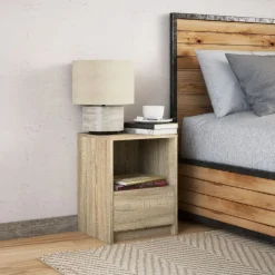 vidaXL Mesas-Mesita de noche con luces LED madera de ingeniería