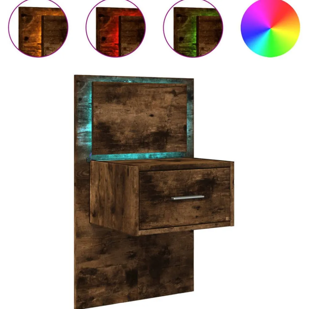 vidaXL Mesita de noche de pared con luces LED Roble ahumado Outlet