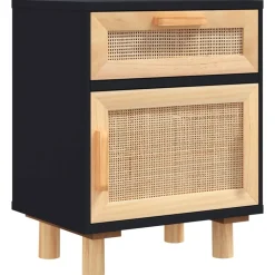 vidaXL Mesas-Mesita de noche madera maciza pino negra y ratán natural