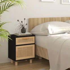 vidaXL Mesas-Mesita de noche madera maciza pino negra y ratán natural