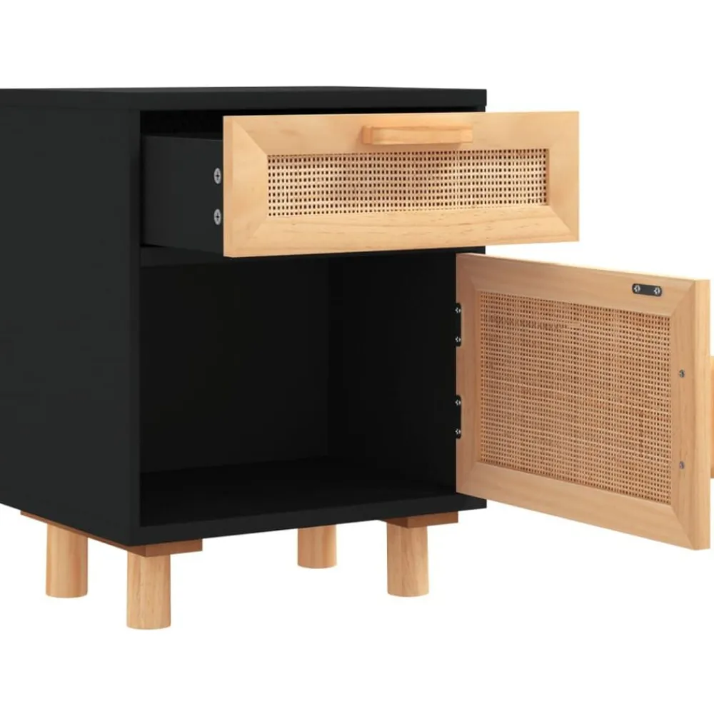 vidaXL Mesas-Mesita de noche madera maciza pino negra y ratán natural