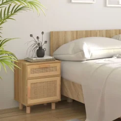 vidaXL Mesas-Mesita de noche madera maciza pino marrón y ratán natural