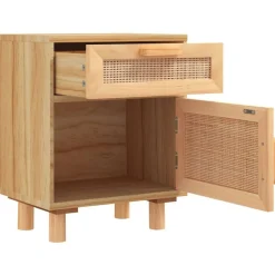 vidaXL Mesas-Mesita de noche madera maciza pino marrón y ratán natural