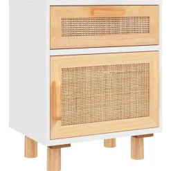 vidaXL Mesas-Mesita de noche madera maciza pino blanca y ratán natural