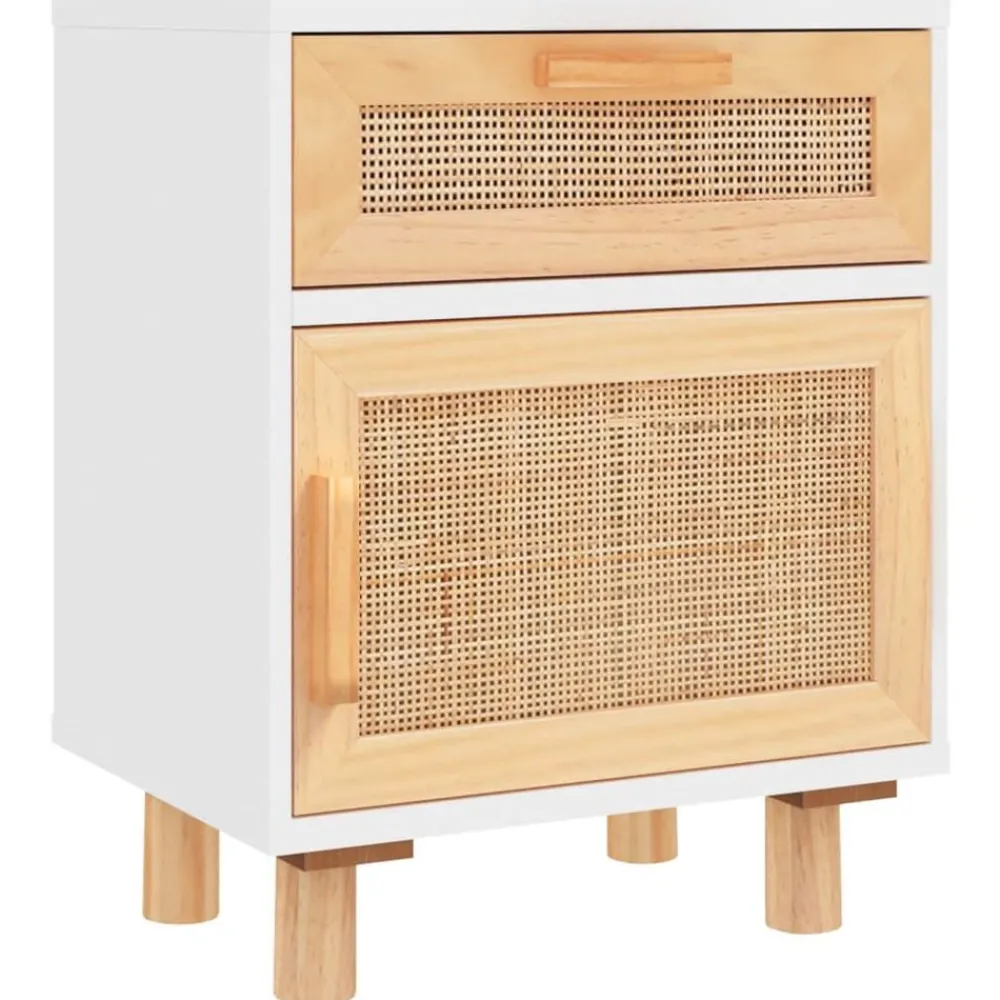 vidaXL Mesas-Mesita de noche madera maciza pino blanca y ratán natural