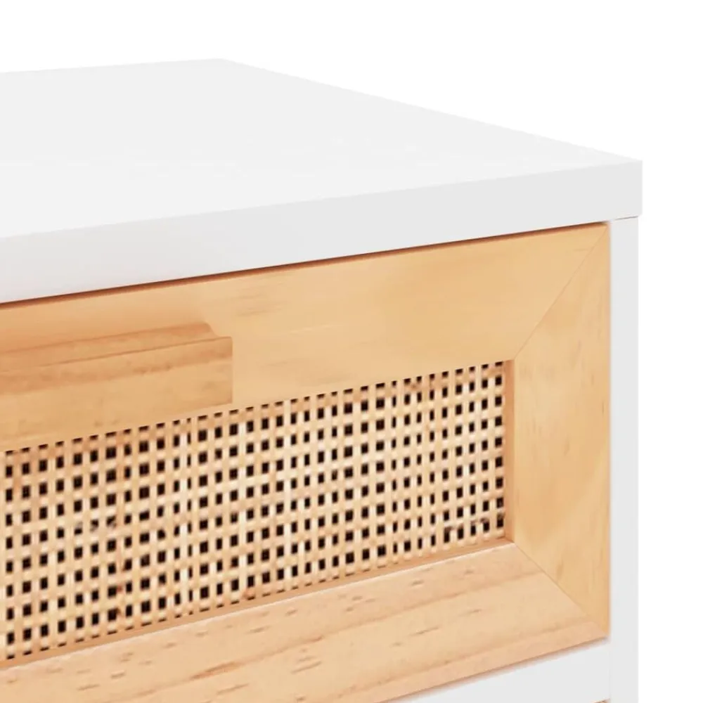 vidaXL Mesas-Mesita de noche madera maciza pino blanca y ratán natural