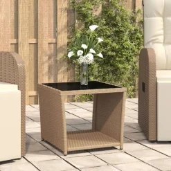 vidaXL Muebles De Jardín-Mesita de ratán sintético y superficie de vidrio templado