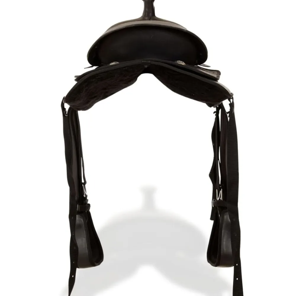vidaXL Montura occidental, cabezada y pechera cuero real 15" negra Negro Clearance