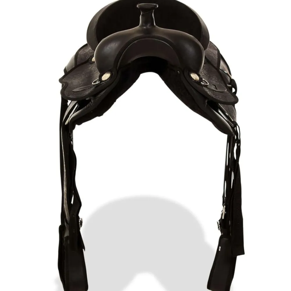 vidaXL Montura occidental, cabezada y pechera cuero real 15" negra Negro Clearance