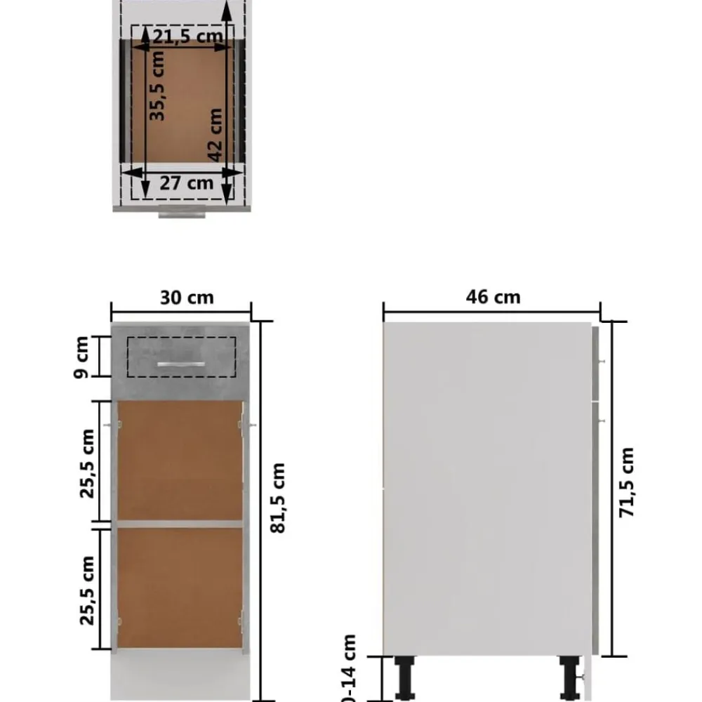 vidaXL Mueble bajo con cajón "Lyon" de, gris hormigón, 30 x 46 x 81,5 cm, madera de ingeniería Gris hormigón Clearance