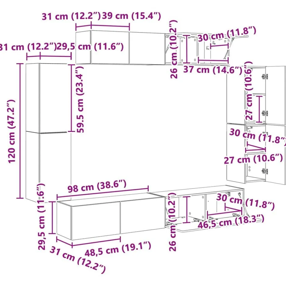 vidaXL Mueble de TV 8 pcs Madera vieja Madera envejecida New