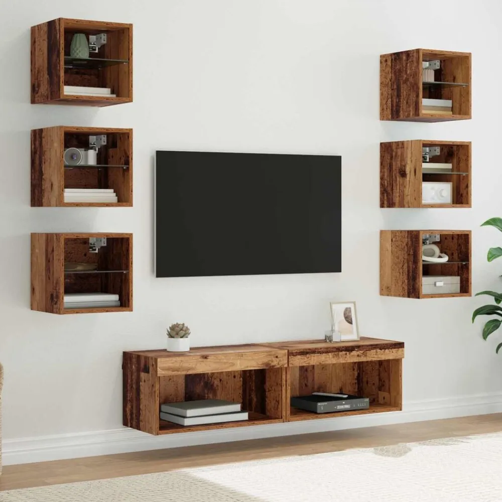 vidaXL Mueble de TV con cajón 8 pcs Cristal Madera envejecida Best