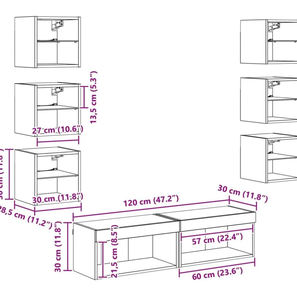 vidaXL Mueble de TV con cajón 8 pcs Cristal Madera envejecida Best