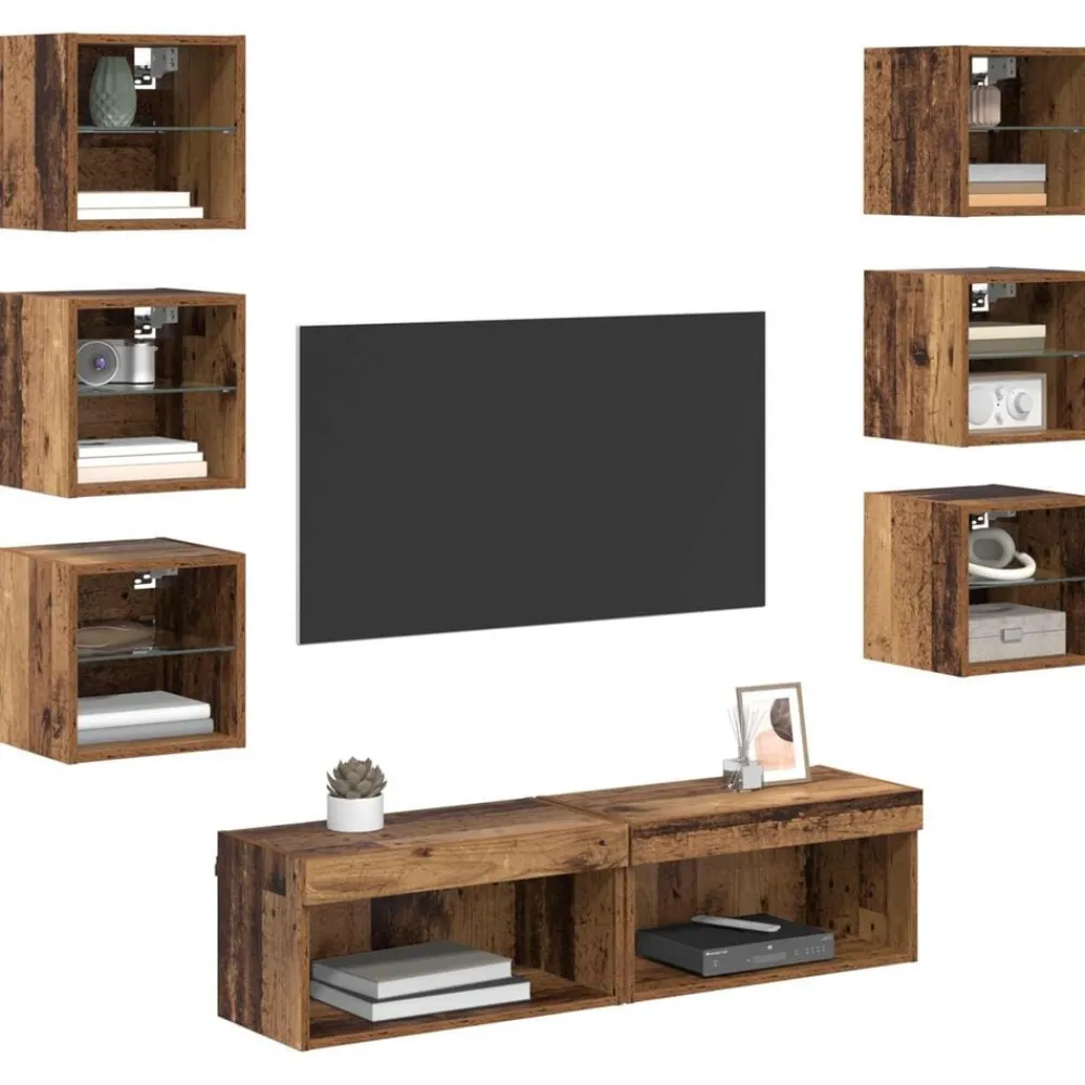 vidaXL Mueble de TV con cajón 8 pcs Cristal Madera envejecida Best