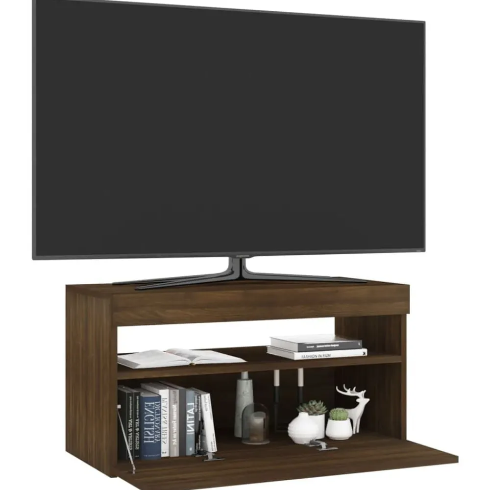 vidaXL Muebles Tv-Mueble de TV con luces LED roble marrón 75x35x40 cm
