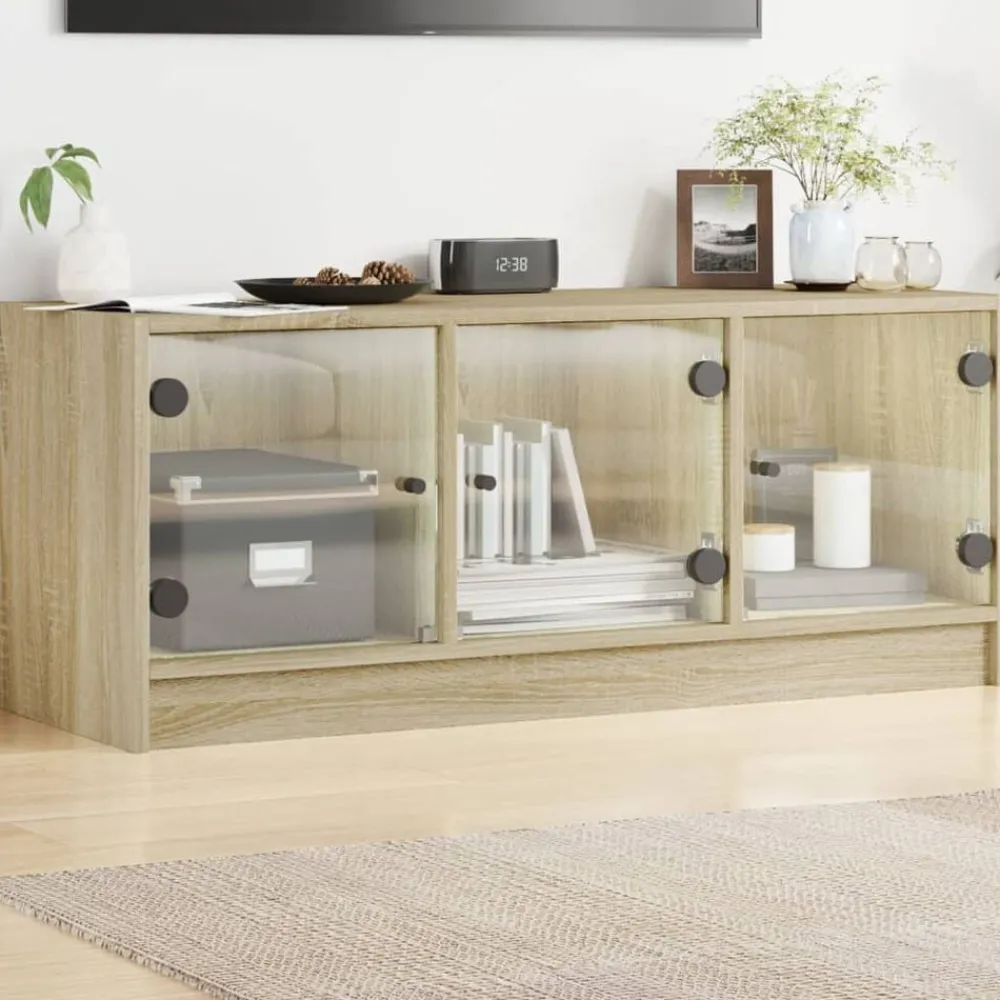 vidaXL Mueble de TV con puertas de vidrio 102x37x42 cm Roble Sonoma Discount