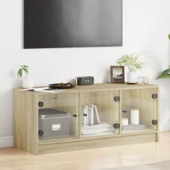 vidaXL Mueble de TV con puertas de vidrio 102x37x42 cm Roble Sonoma Discount
