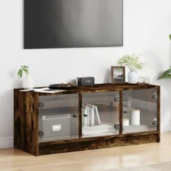 vidaXL Mueble de TV con puertas de vidrio 102x37x42 cm Roble ahumado Hot