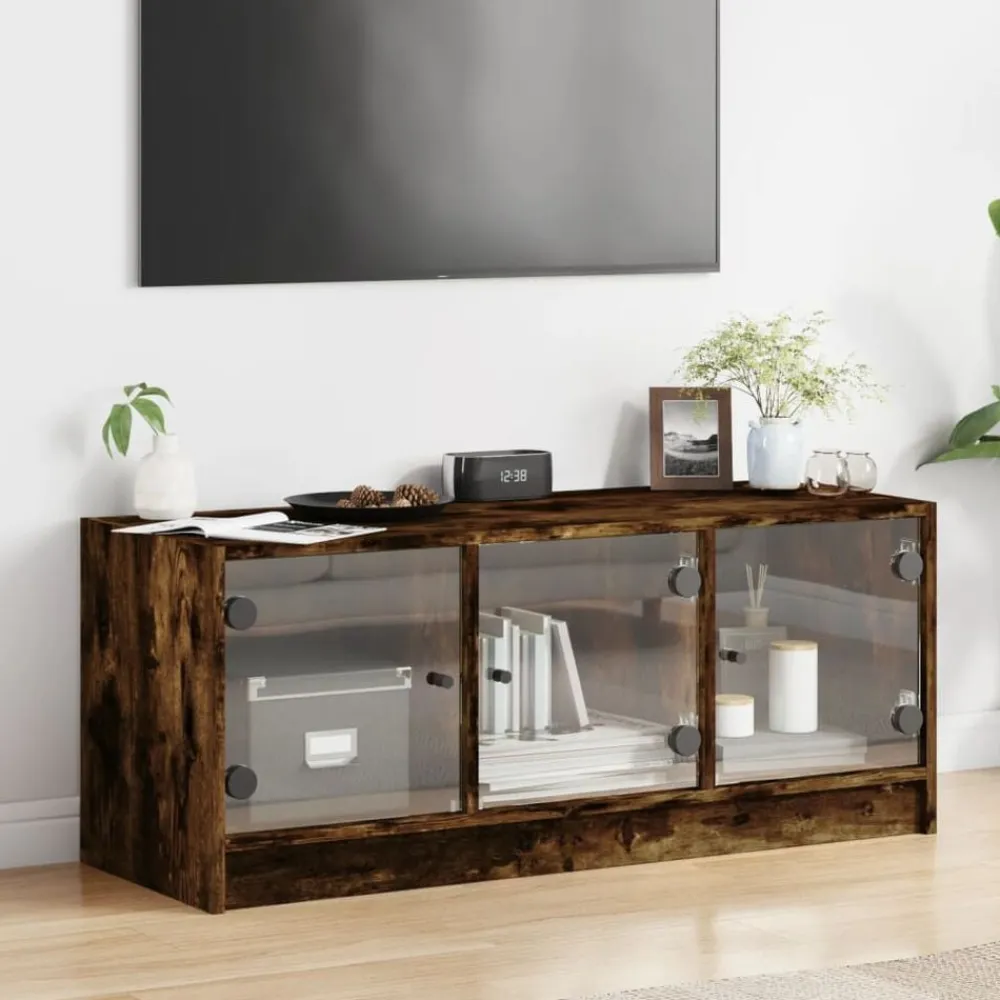 vidaXL Mueble de TV con puertas de vidrio 102x37x42 cm Roble ahumado Hot