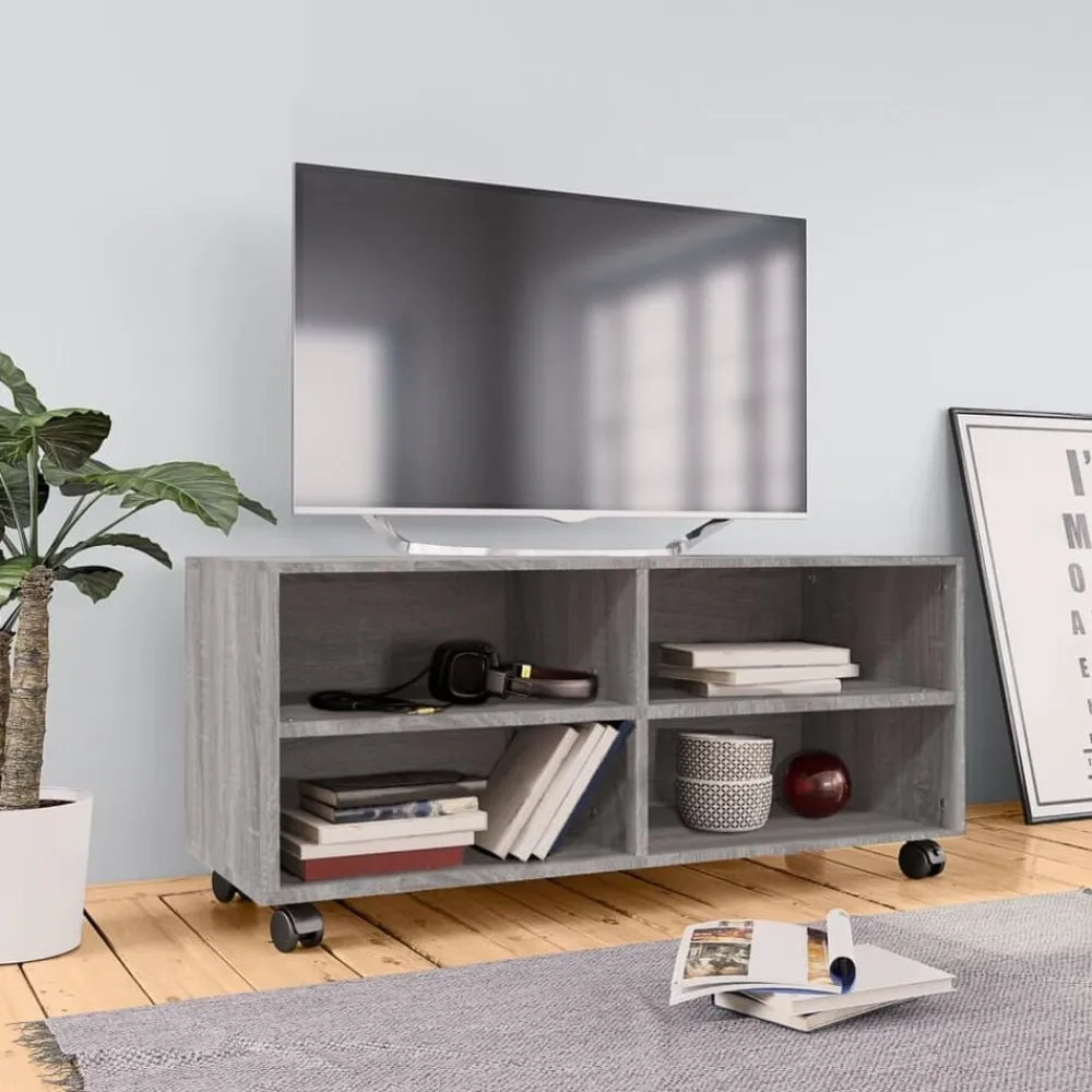 vidaXL Mueble de TV con ruedas madera contrachapada gris 90x35x35 cm Gris sonoma New