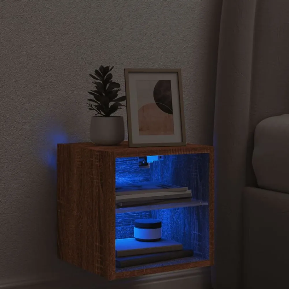 vidaXL Mueble de TV de pared con luces LED roble marrón 30x28,5x30 cm Marrón roble New