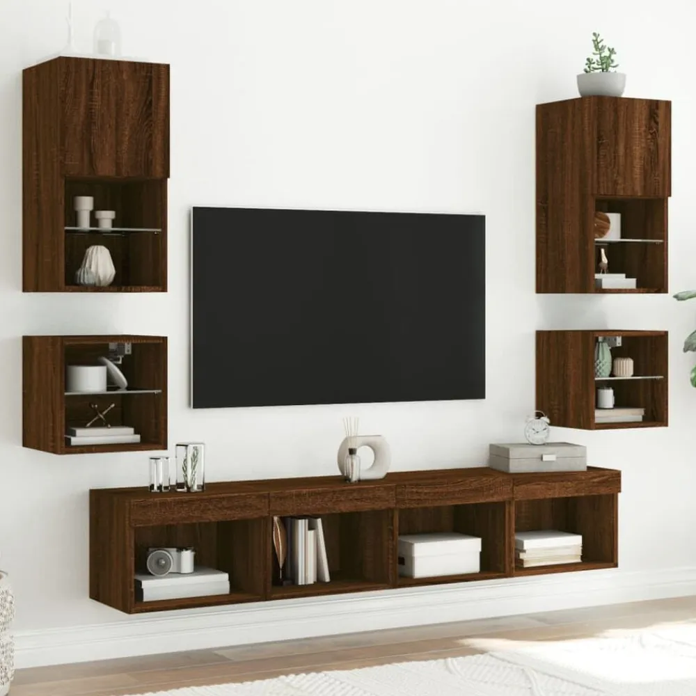 vidaXL Mueble de TV de pared con luces LED roble marrón 30x28,5x30 cm Marrón roble New